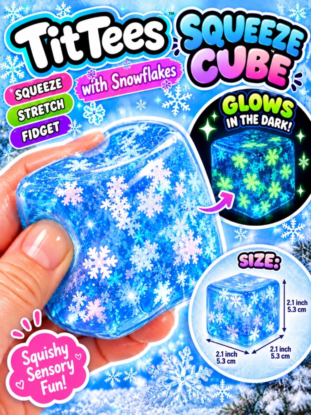 TitTees Glow in the Dark Snowflake Squeeze Cube Sensory Fidget Toy